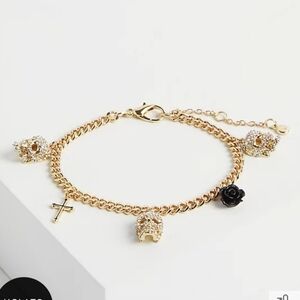 🆕️☠️🌹SKULL / ROSE / CROSS RHINESTONE CHARM BRACELET - GOLD TONE🌹☠️